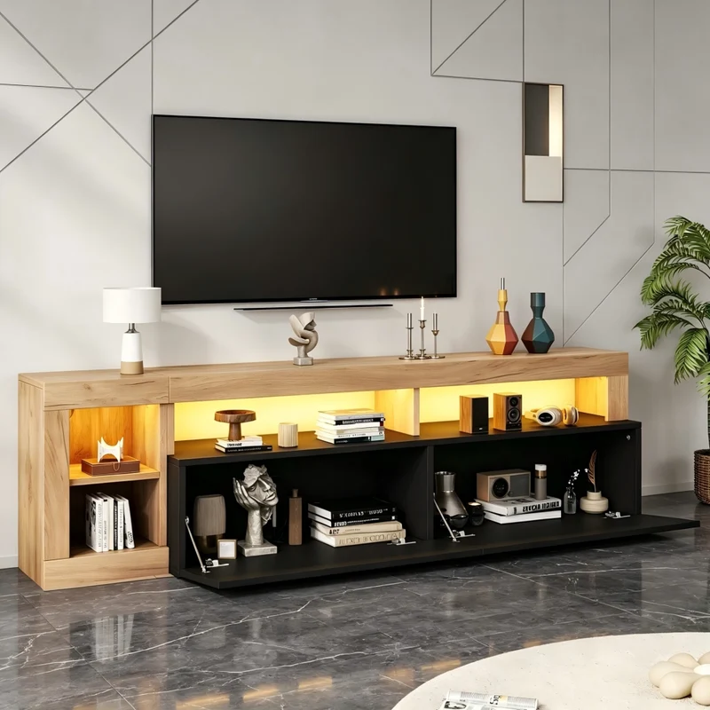 Mobile TV nero e effetto legno con LED, 184x42x58 cm, per TV fino a 80 pollici