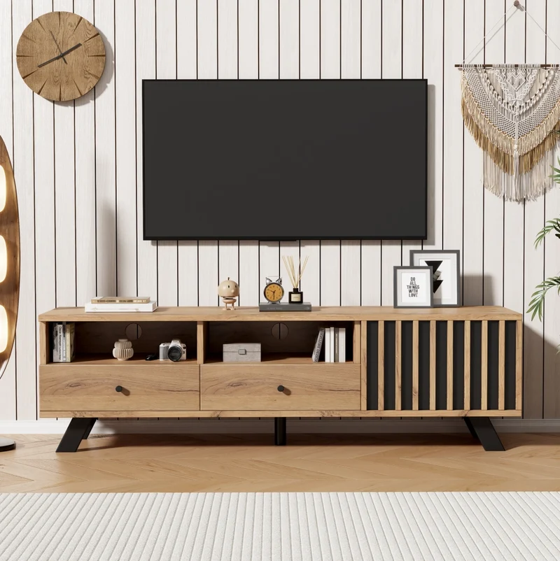 Mobile TV 150x38x44 cm con 2 cassetti, vano chiuso e ripiani, legno naturale e nero