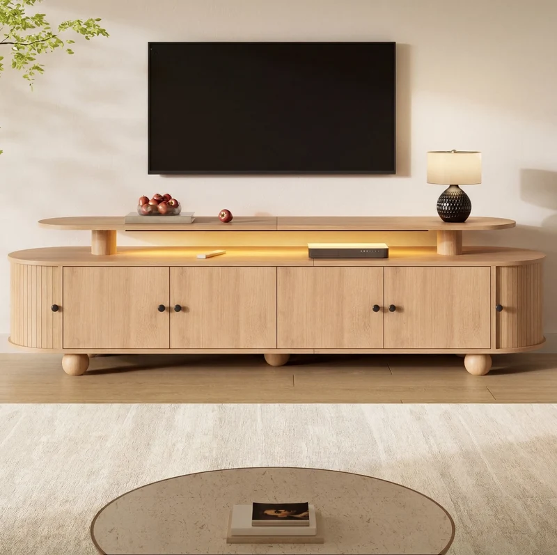 Mobile TV ovale a 2 livelli in MDF naturale con LED, 4 ante e 2 scorrevoli