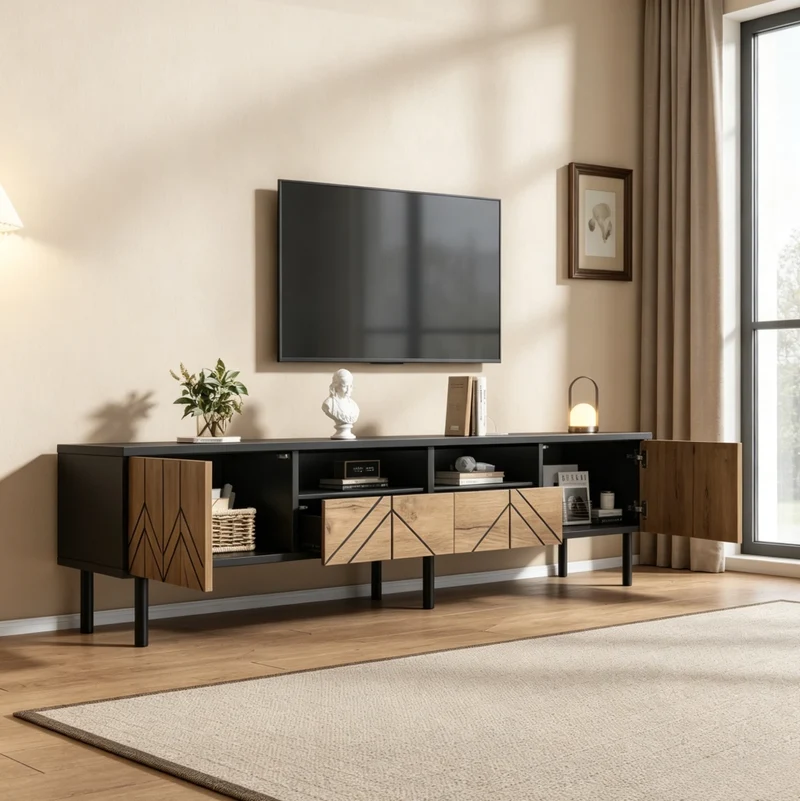 Mobile TV moderno 180x40x45 cm con 2 cassetti e 2 ante, nero effetto legno