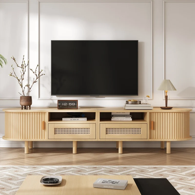 Mobile TV ovale 170 cm in rovere chiaro con ante scorrevoli e cassetti effetto rattan