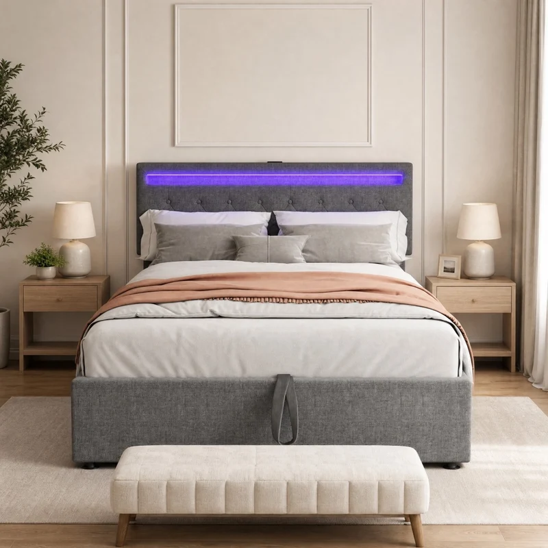 Letto imbottito 140x200 cm grigio con LED, USB e vano contenitore