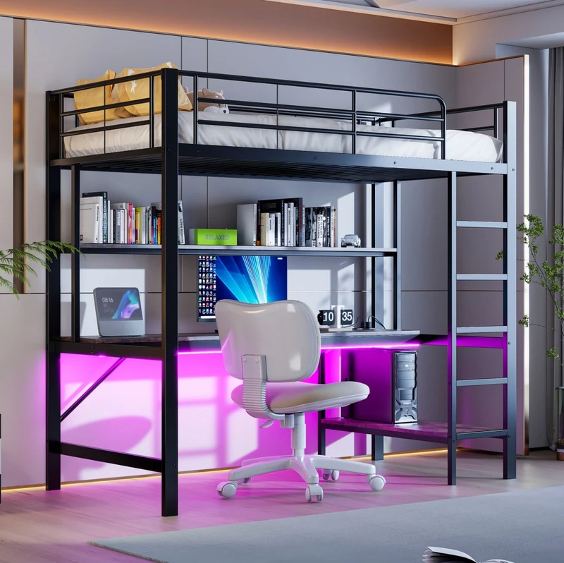 Letto a soppalco 90x200 cm con scrivania, LED e USB