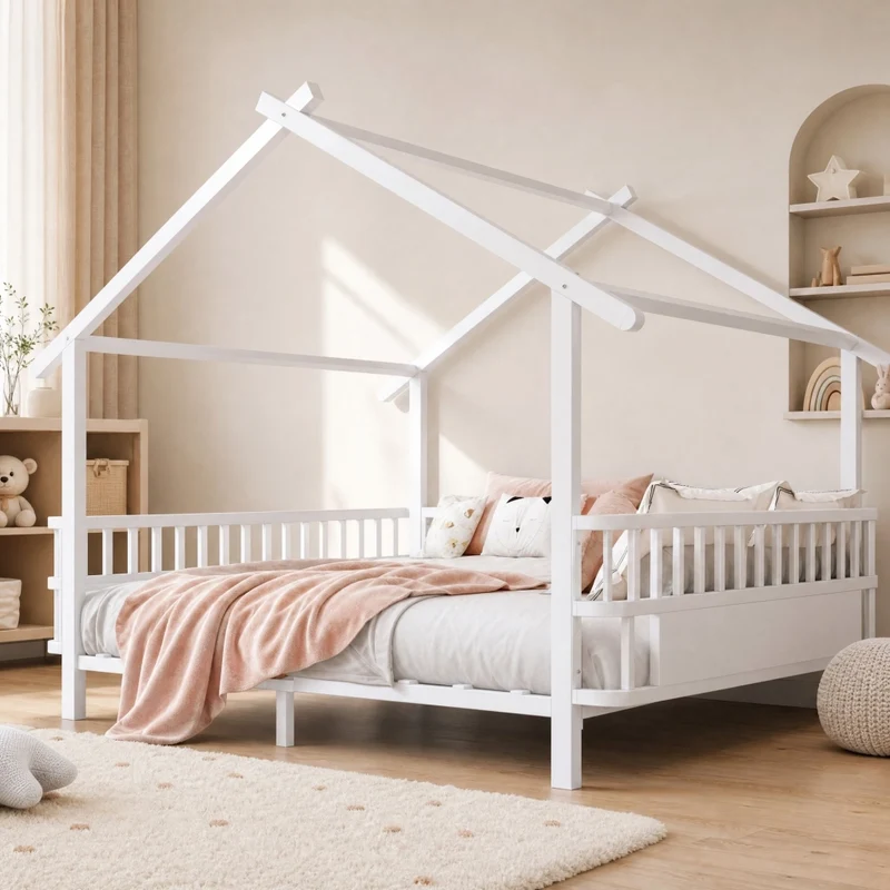 Letto per bambini a casetta in metallo 140x200 cm bianco con sponde di sicurezza