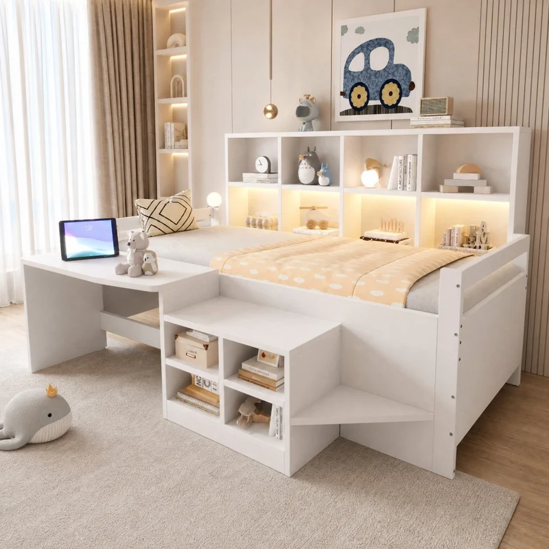 Letto multifunzione 90x200 cm bianco con scrivania, contenitori, LED e prese USB