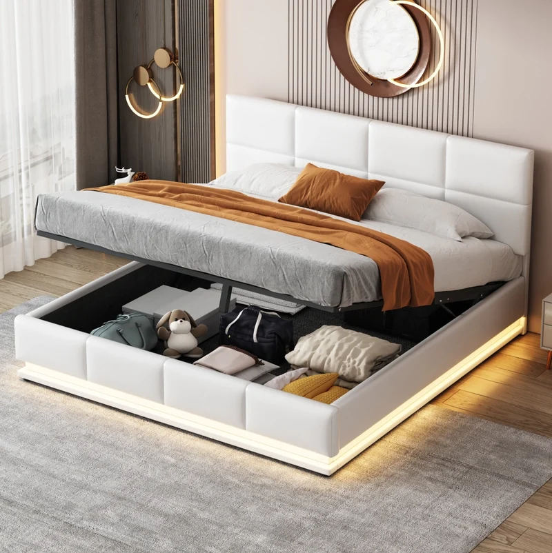 Letto matrimoniale imbottito 160 x 200 cm bianco con LED e vano contenitore idraulico