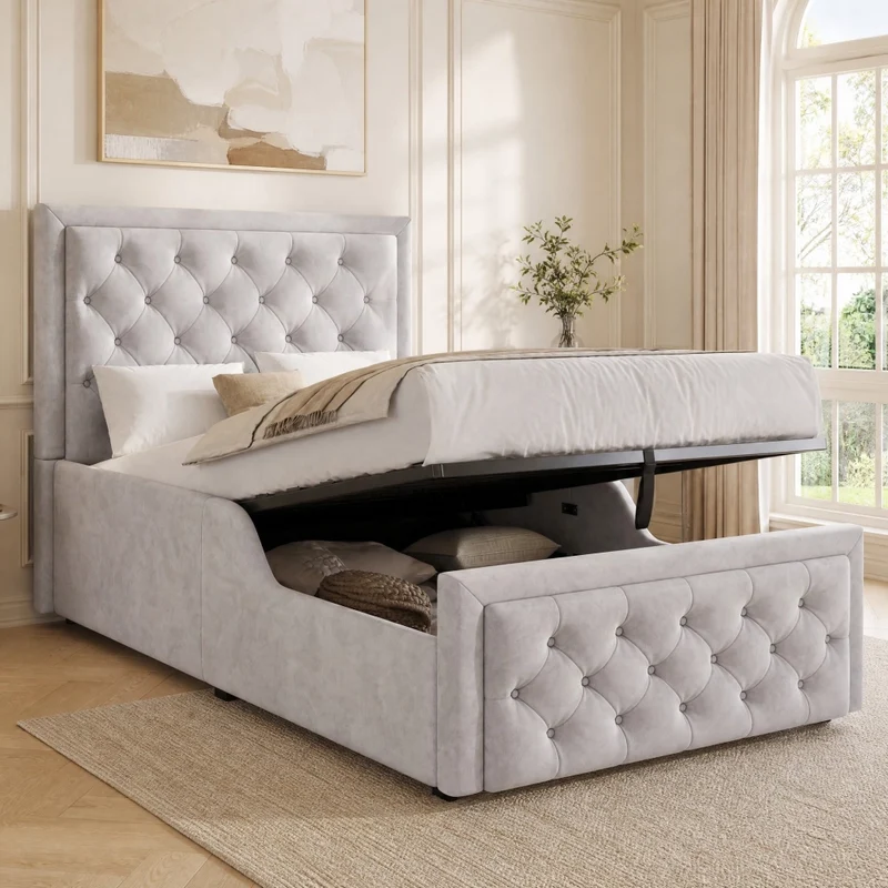 Letto per bambini 90x200 cm in velluto grigio con contenitore e rete