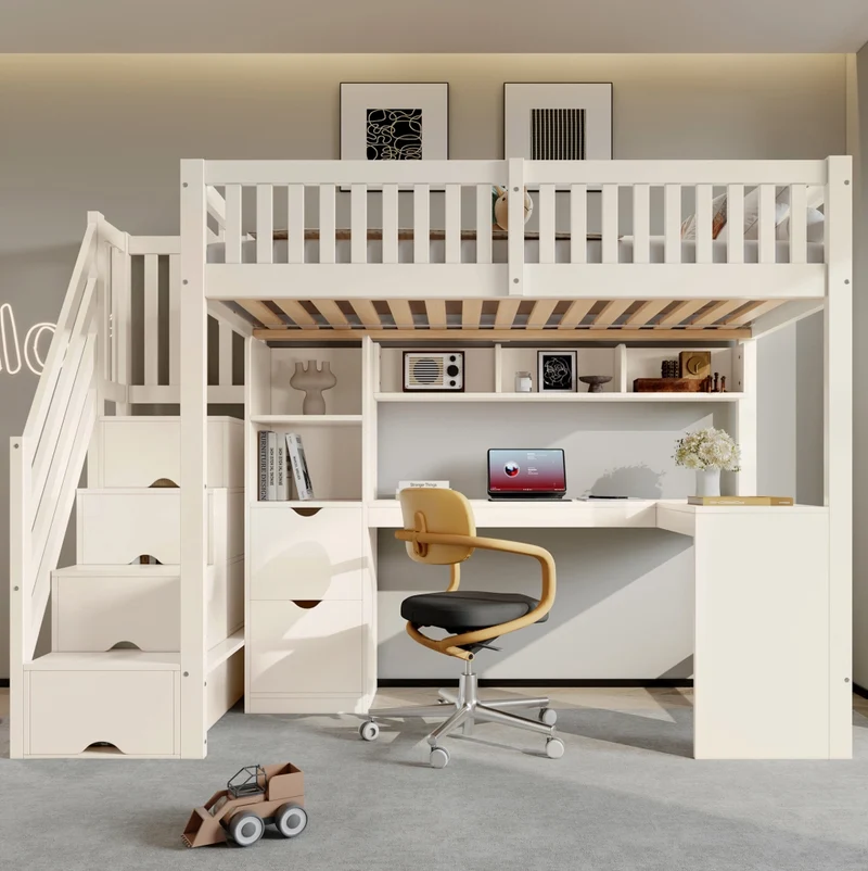 Letto a soppalco 90x200 cm bianco con scala contenitore e scrivania angolare