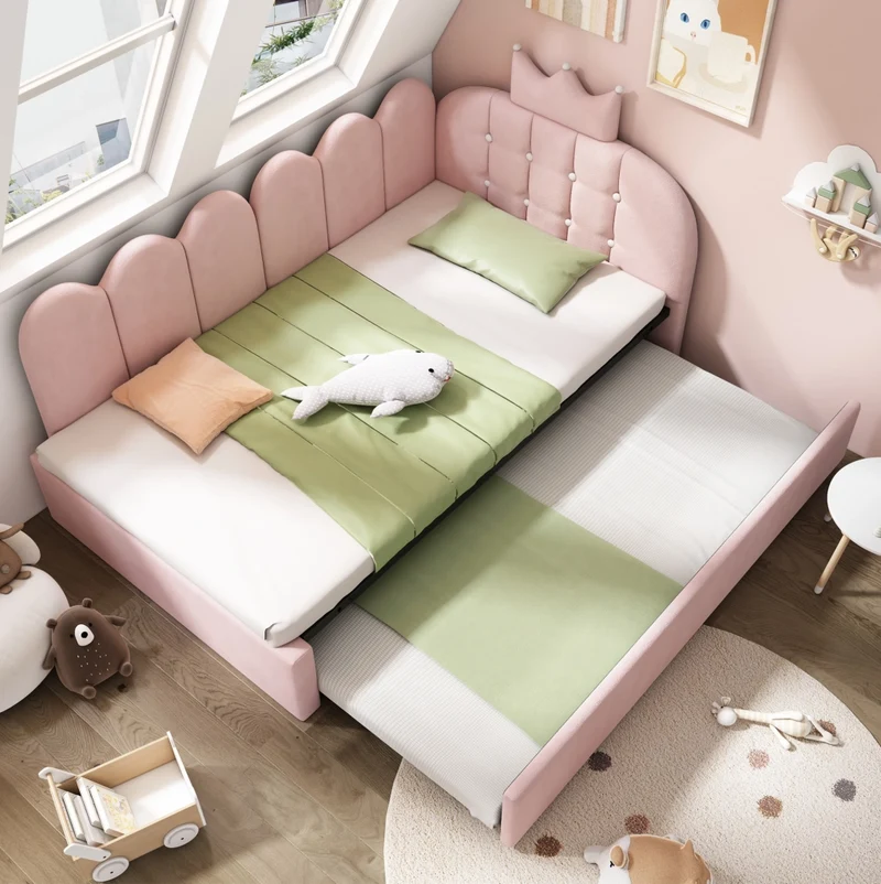 Letto singolo rosa con letto estraibile 90x200 cm, rivestimento in velluto