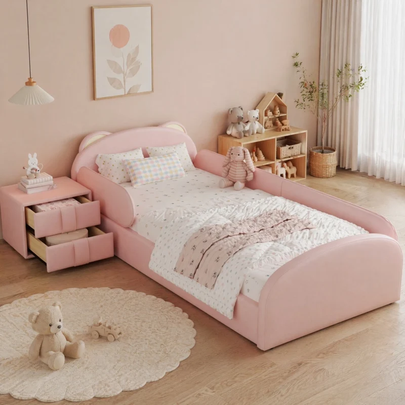 Letto imbottito per bambini rosa 90x200 cm con testiera a orsetto e comodino