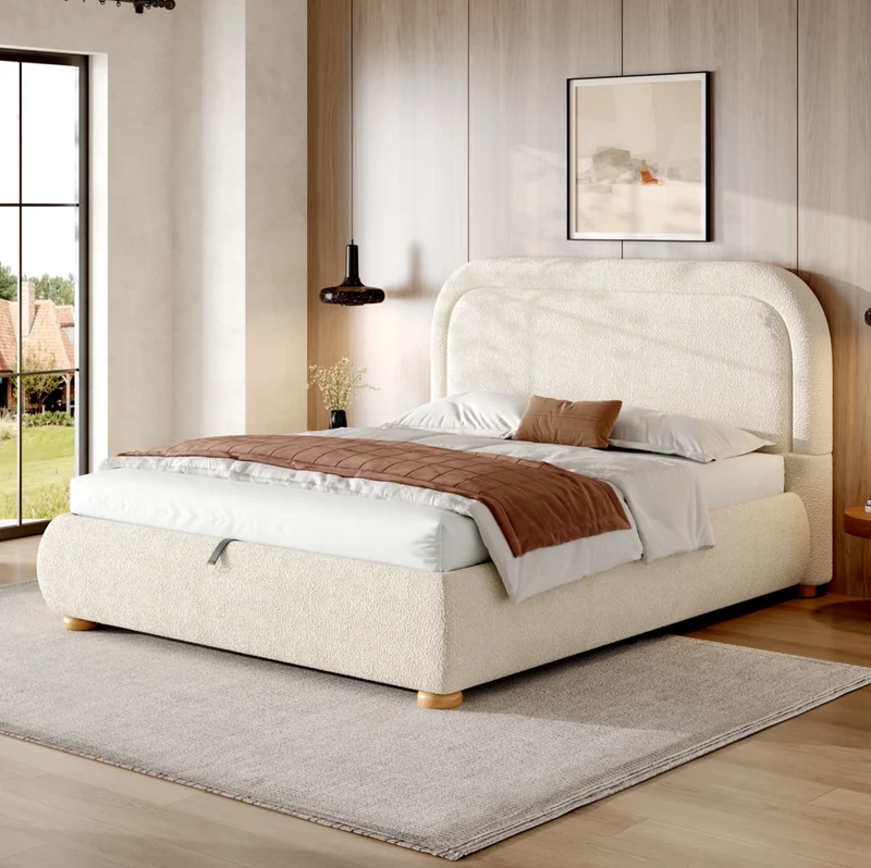 Letto matrimoniale beige in tessuto bouclé con contenitore idraulico, 140 x 190 cm