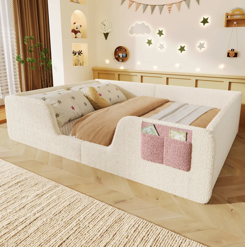 Letto imbottito per bambini 140x190 cm in velluto beige con sponde removibili