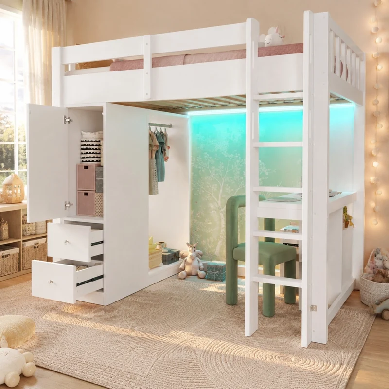 Letto a soppalco 90x200 cm bianco con scrivania, armadio aperto, LED e cassetti