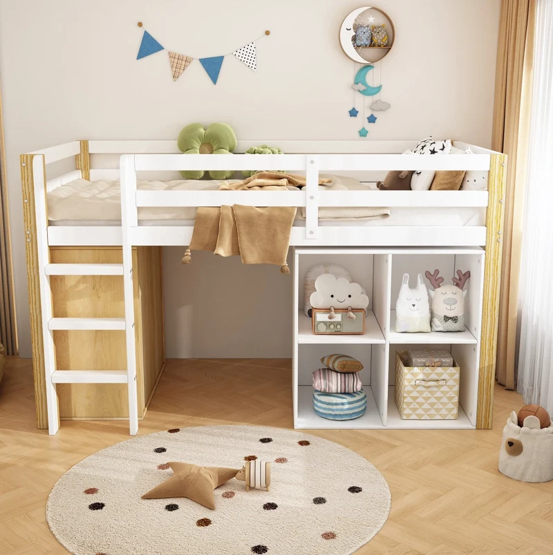Letto a soppalco per bambini 90x200 cm con 2 armadietti e scala, naturale e bianco