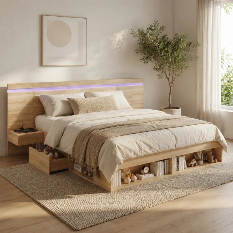 Letto in MDF con LED, ricarica USB/USB-C, comodini e contenitori, naturale