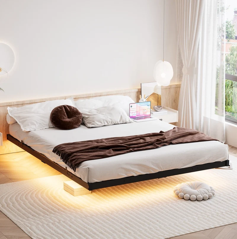 Letto matrimoniale 140x190 cm sospeso nero con LED RGB e stazione di ricarica