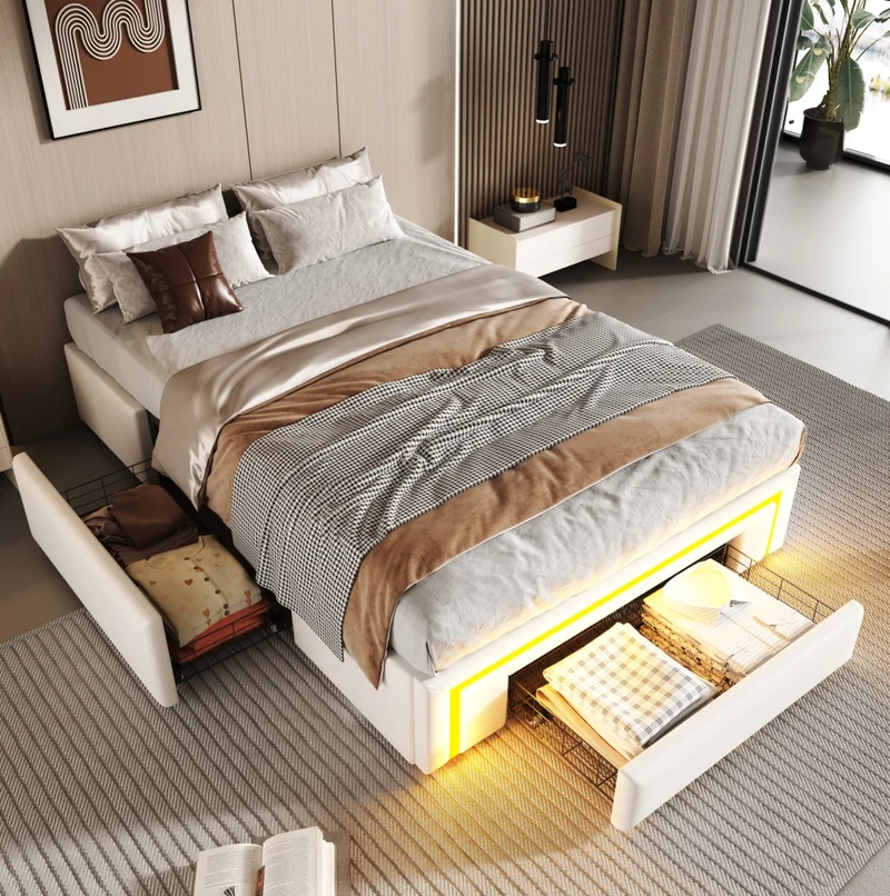 Letto singolo 90x200 cm con cassetti, LED RGB e rivestimento PU