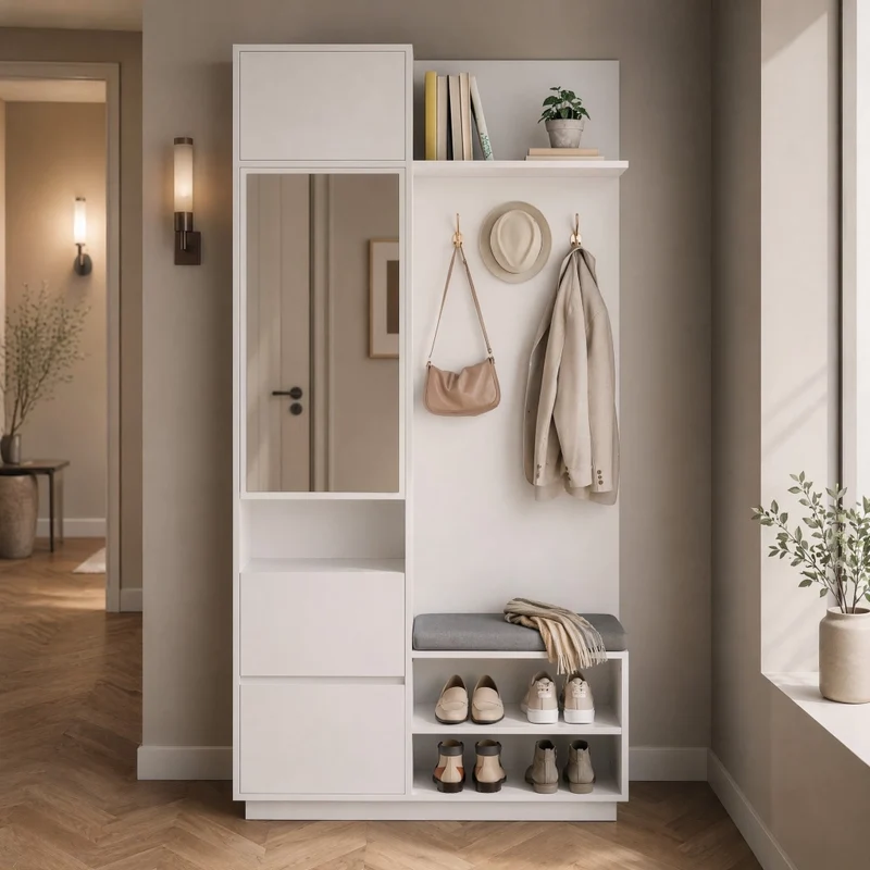 Guardaroba da ingresso 5 in 1 con specchio, seduta e scarpiere
