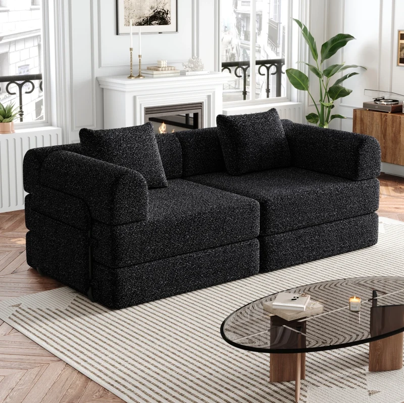 Divano letto 2 in 1 in ciniglia nero con vano bracciolo