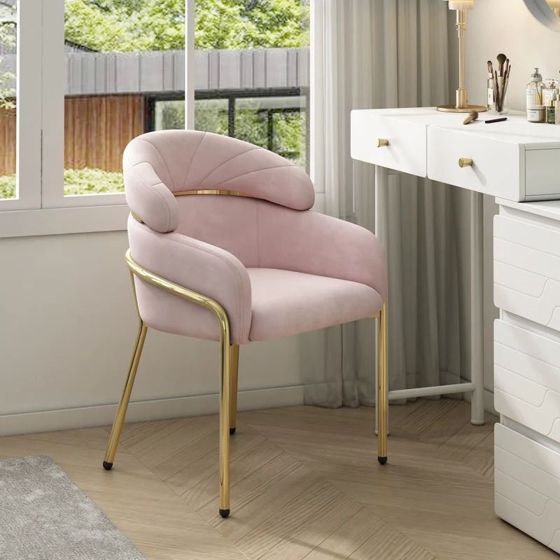 Sedia da pranzo in velluto rosa con gambe in metallo