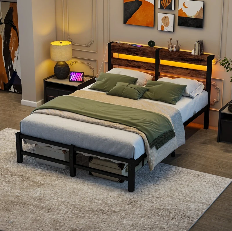 Letto 120x200 cm in Metallo e Legno con LED RGB, USB e Vano Sottostante