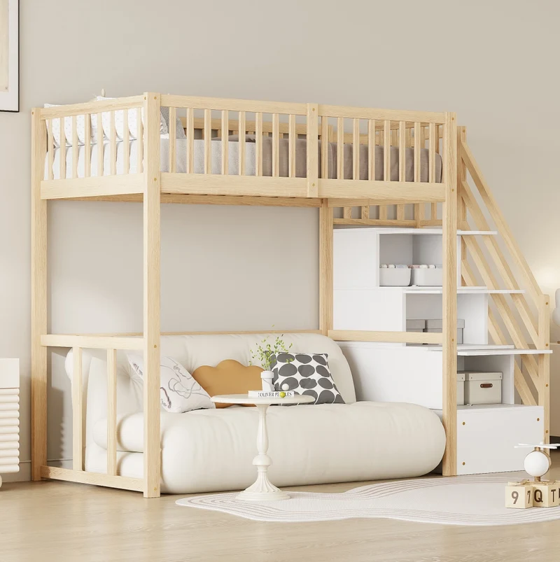 Letto a soppalco 90x200 cm in legno di pino con scala contenitore e scrivania