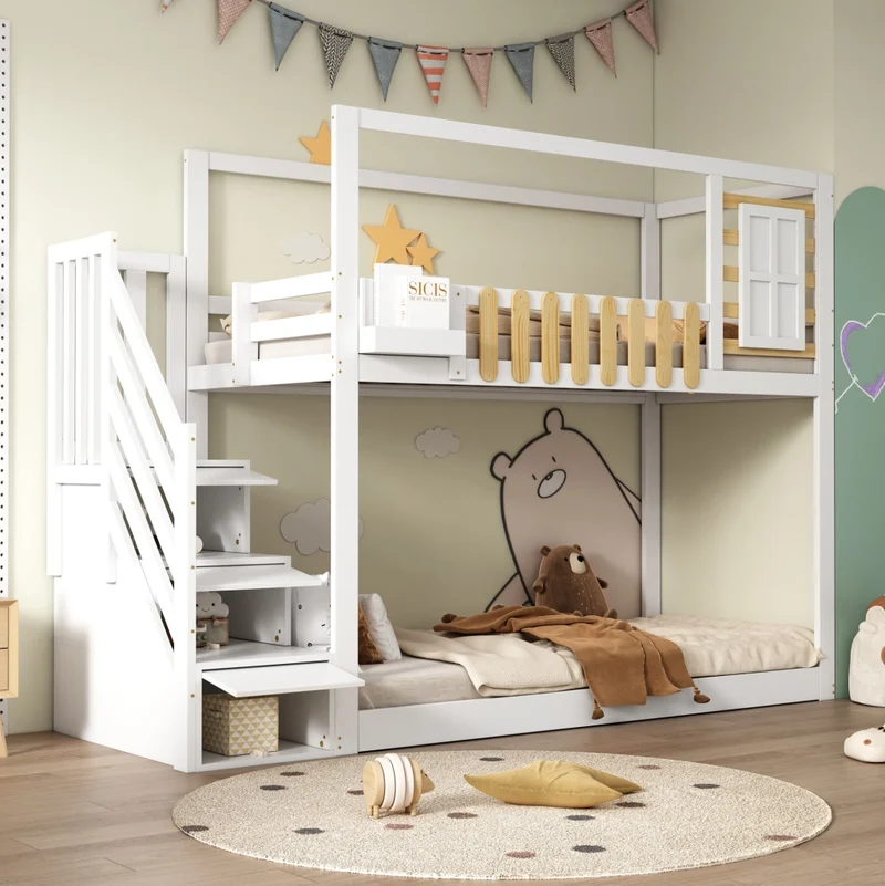 Letto a castello 90x200 cm in pino e MDF con scala contenitore, bianco e naturale