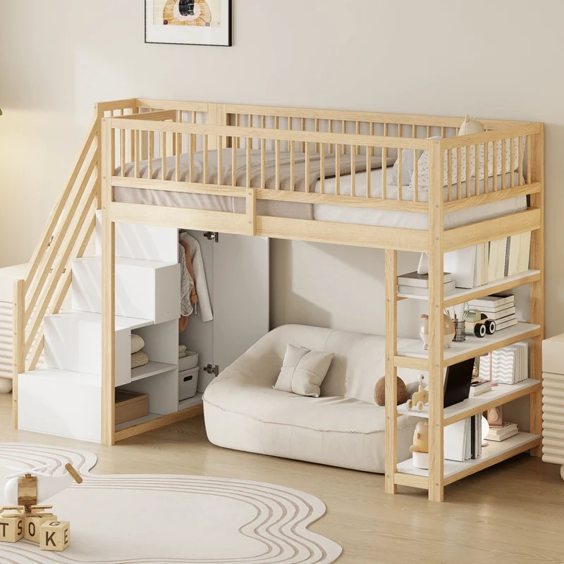 Letto a soppalco 90x200 cm in legno con armadio, scaffali e scala di sicurezza