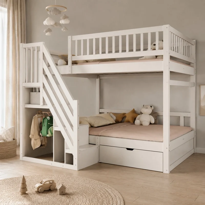 Letto a castello 140x200 cm in legno bianco con scala contenitore e cassetti