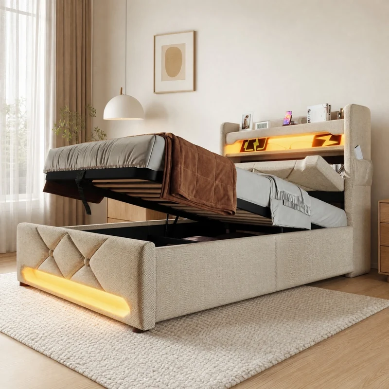 Letto Imbottito 90x200 cm Beige con LED 360°, Testiera USB-C e Contenitore Idraulico