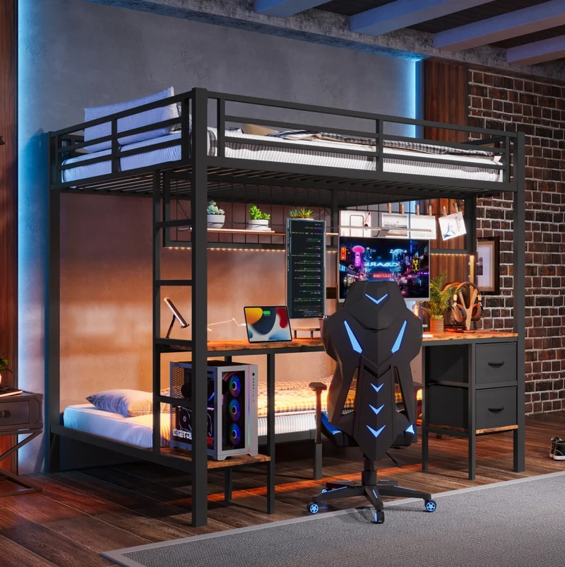 Letto a soppalco 140x200 cm in metallo con scrivania, LED e cassetti