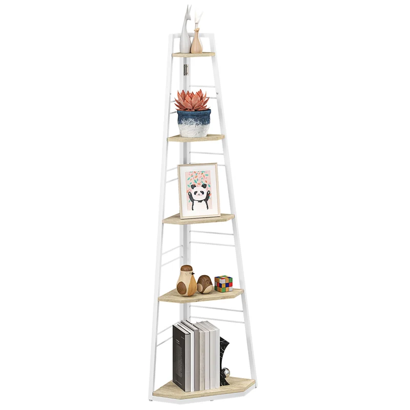 EasyComfort Libreria Angolare a 5 Ripiani con Struttura Pieghevole e Piedini Regolabili, Colore Legno