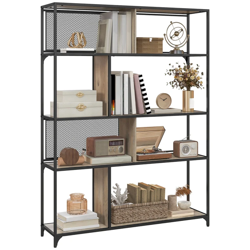 EasyComfort Scaffale Libreria Industriale a 5 Livelli con Porta Metallica, in Legno e Acciaio, 120x30x161 cm, Nero e Grigio
