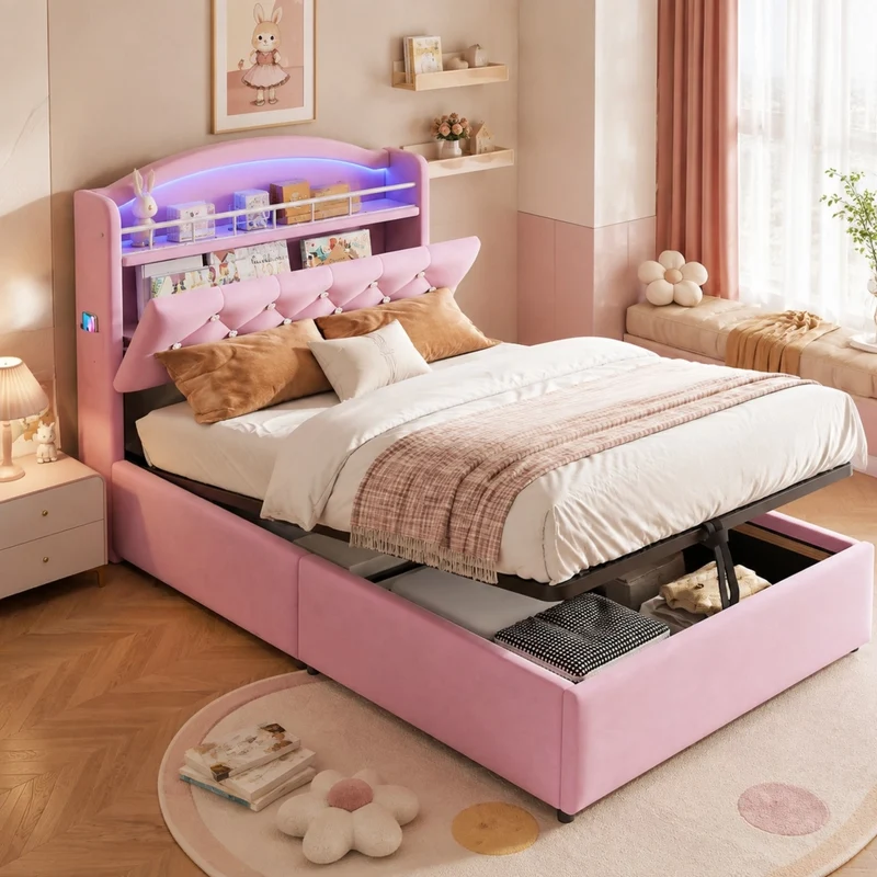 Letto imbottito per bambini 90x200 cm rosa in velluto con contenitore, LED, USB e Type-C