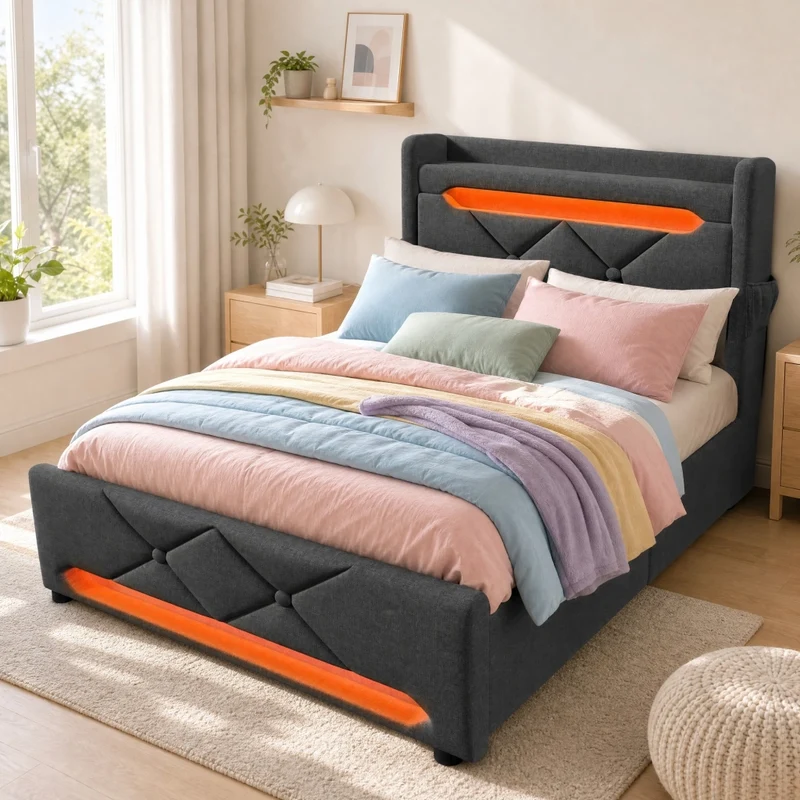 Letto singolo 90x200 con LED 360°, testiera USB-C e vano contenitore, grigio