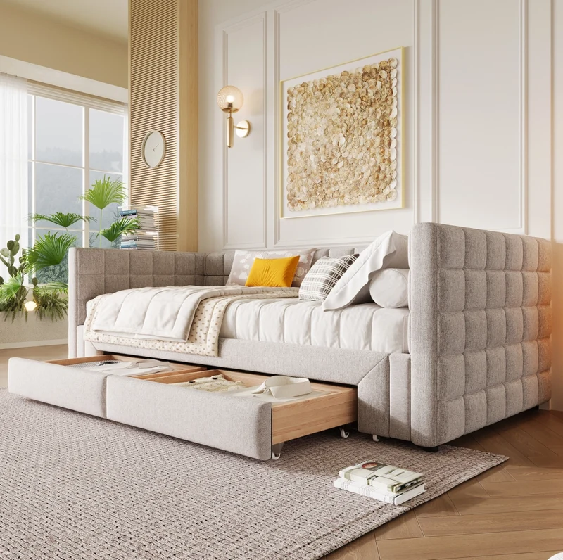 Divano letto estraibile in velluto beige 90 x 200 cm con 2 cassetti