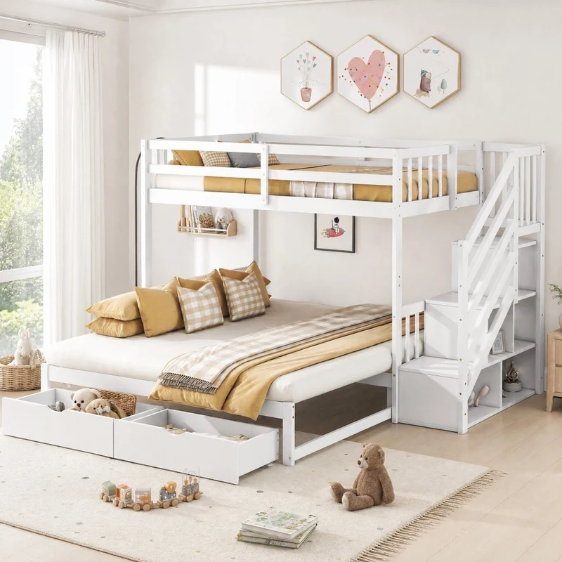 Letto a castello 90x200 cm bianco con letto estraibile, cassetti e scala contenitore