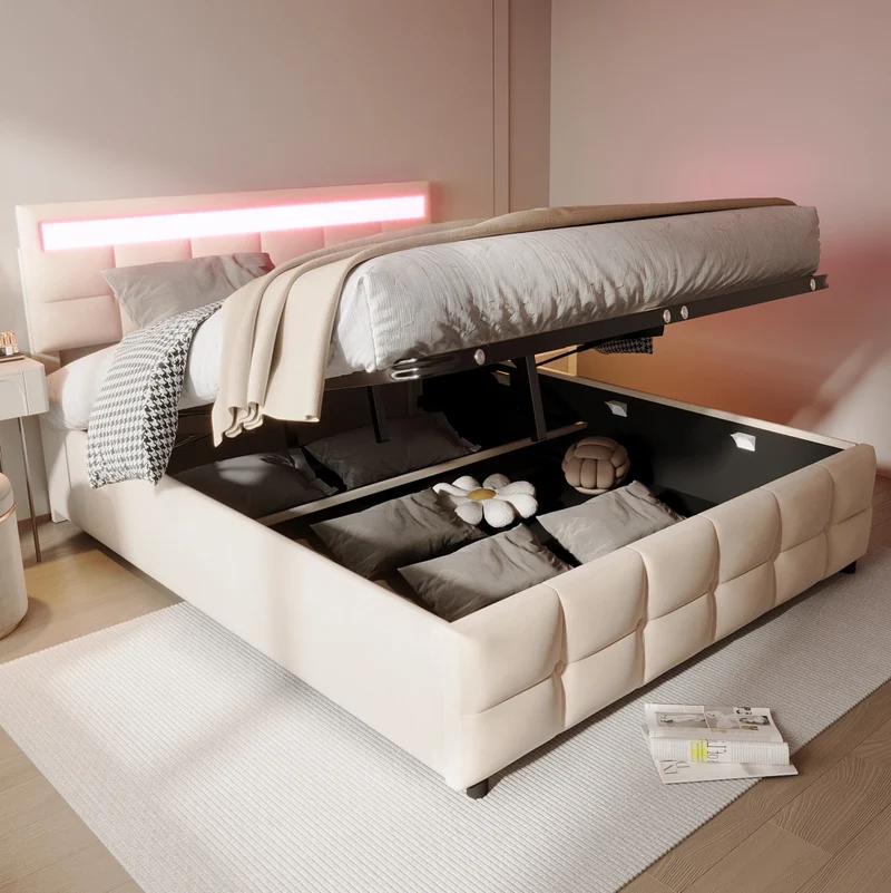 Letto imbottito 180x200 cm beige con LED, rete a doghe e vano contenitore idraulico