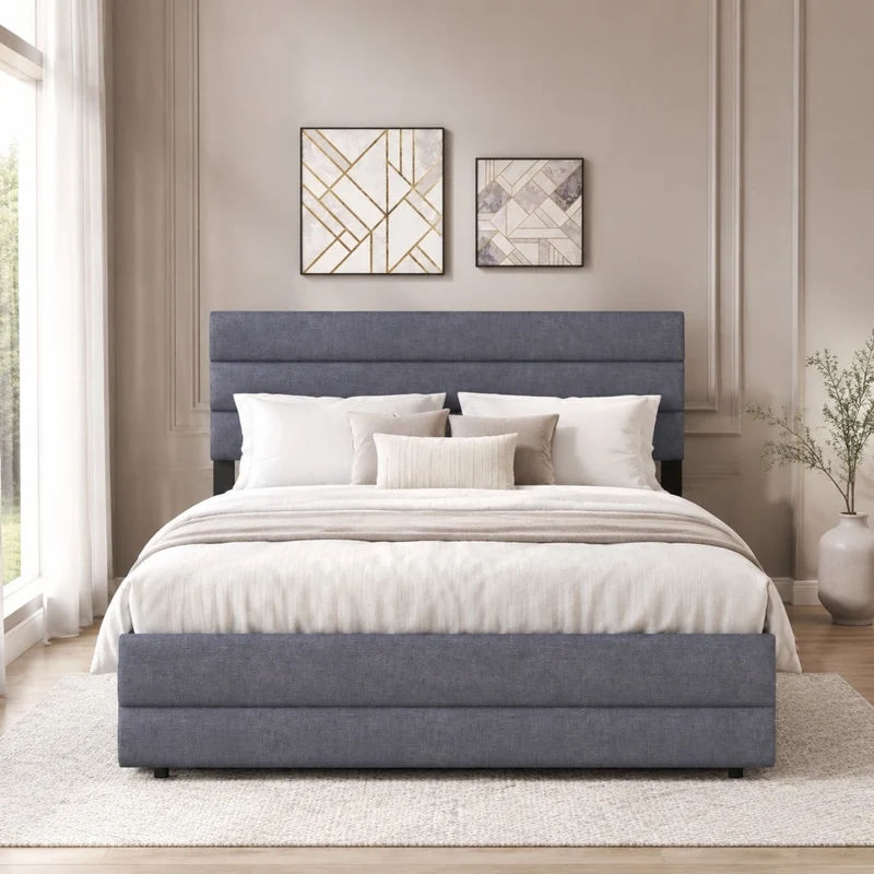 Letto imbottito grigio 140x200 cm con letto estraibile e 2 cassetti