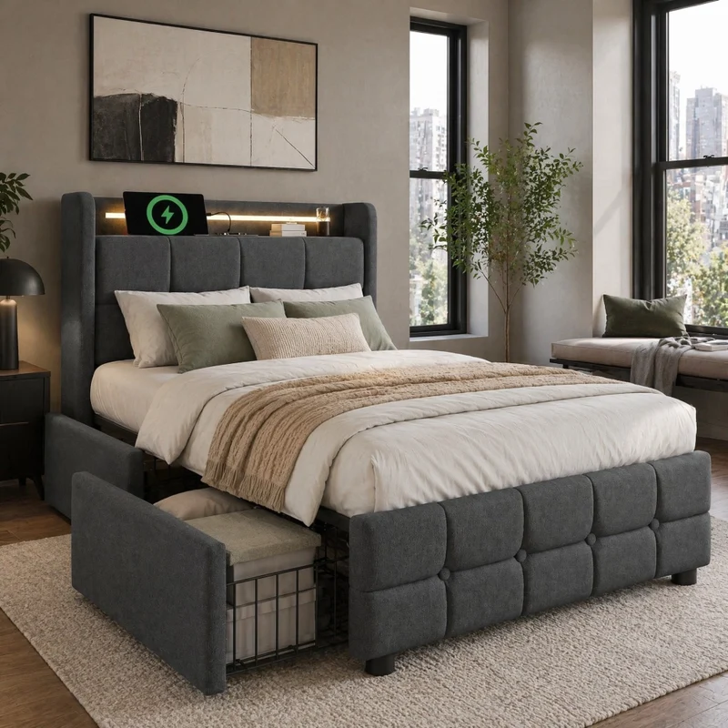 Letto singolo imbottito 90x200 cm grigio con LED, prese USB e 2 cassetti