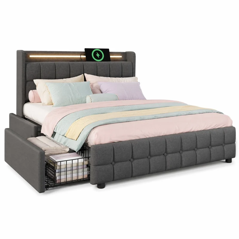 Letto imbottito 160x200 cm grigio con LED, prese USB e 4 cassetti