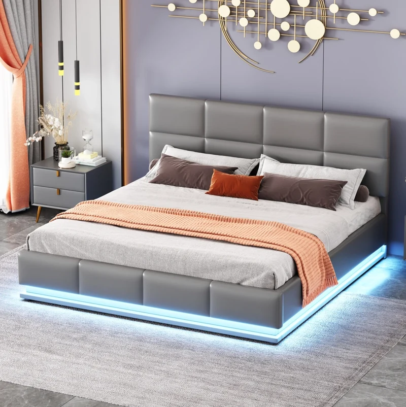 Letto imbottito 160x200 cm grigio con LED, vano contenitore e rete a doghe