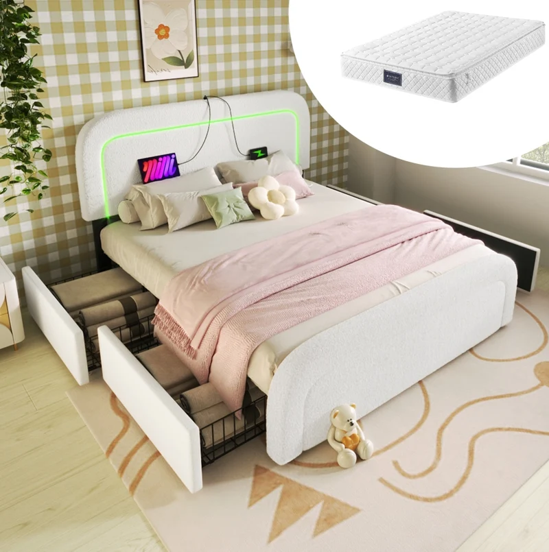 Letto imbottito 140x200 cm bianco con materasso H3, LED, USB-C e 4 cassetti