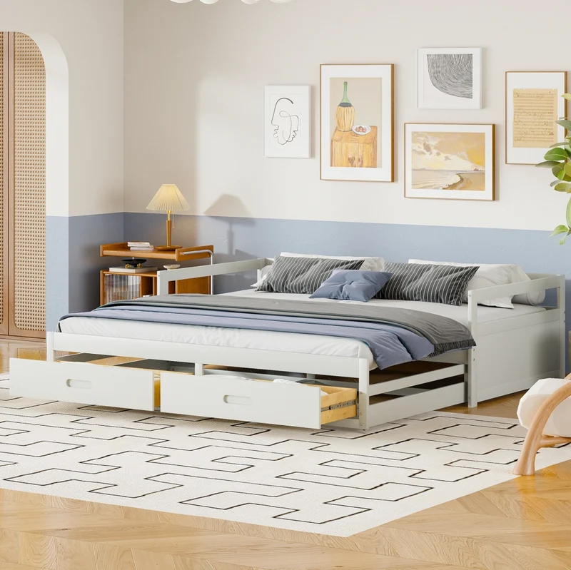 Divano letto estraibile bianco 90/180 x 200 cm in legno con 2 cassetti