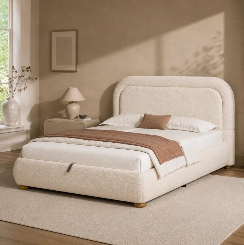 Letto contenitore beige in bouclé con rete a doghe