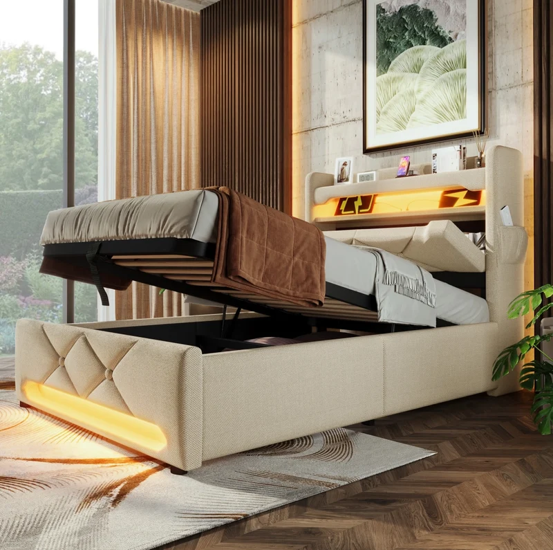 Letto singolo 90x200 cm beige con LED, USB-C e vano contenitore