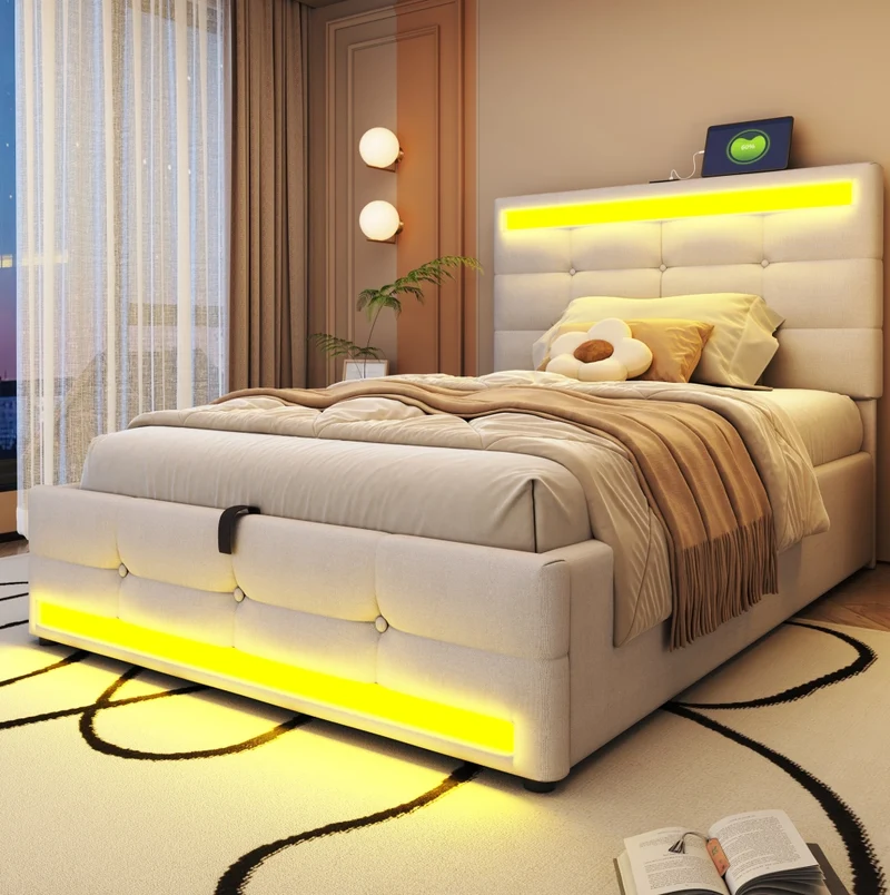 Letto singolo imbottito 90x200 cm beige con LED RGB e USB