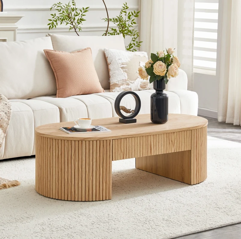Tavolino ovale effetto rovere con cassetto e lati scanalati