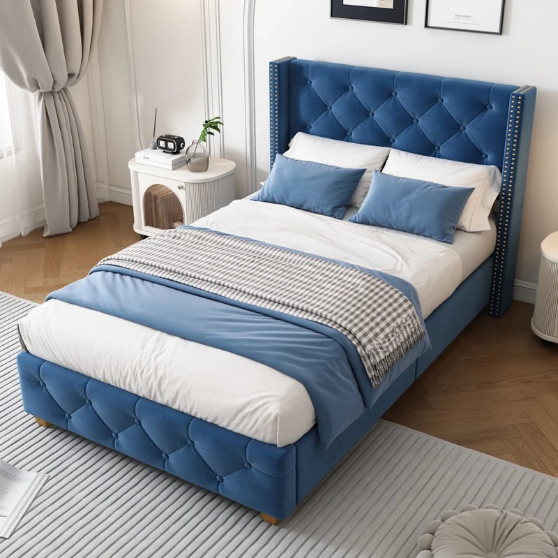 Letto singolo imbottito in velluto blu 90x200 cm
