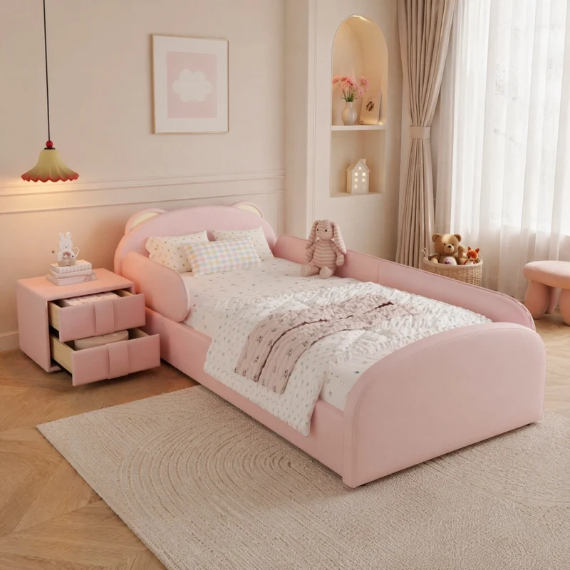 Letto singolo imbottito per bambini rosa 90x200 cm con comodino